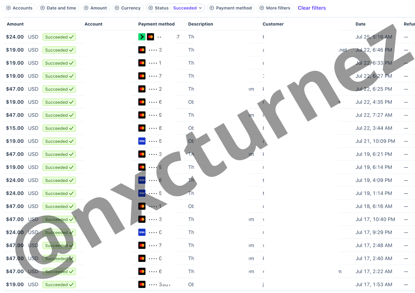 Stripe payments list showing twenty succeeded digital product sales between $15 and $47, with product names and customer details redacted